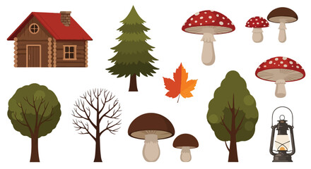 Rustic Cabin Autumn Trees Mushrooms Lantern Vector Elements for Nature Scene Design