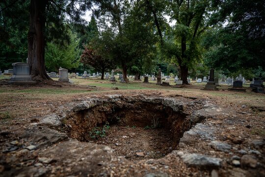 Mysterious open grave in historic cemetery evokes somber reflection and the passage of time among weathered tombstones