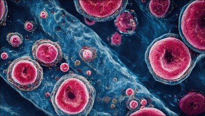 Macro close-up of biological cells within a network, showcasing vibrant pinks, reds, and blues
