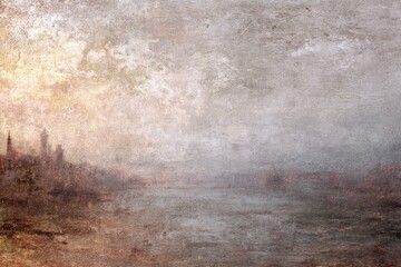 An evocative, muted landscape of a hazy cityscape alongside a calm body of water