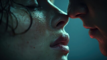 Close-up of two people almost kissing, their faces very close together. Use to illustrate romance, intimacy, or intense emotional connection.
