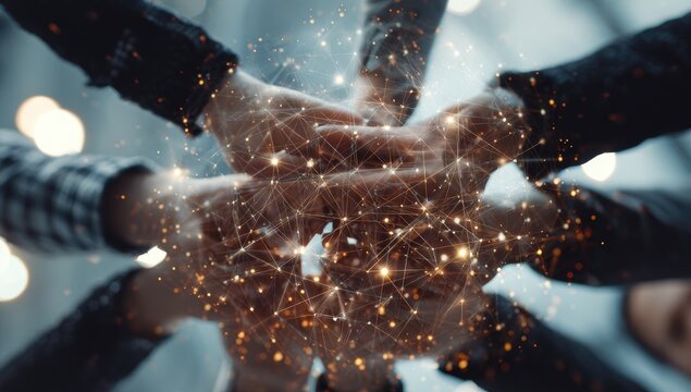 Close-up of interconnected hands in a circle, symbolizing unity and collaboration, with glowing lines