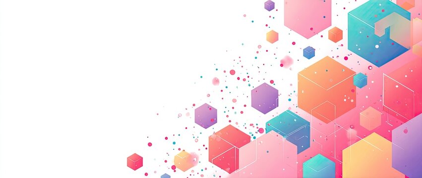 Abstract geometric art featuring colorful, gradient cubes, scattered with dots on a white background
