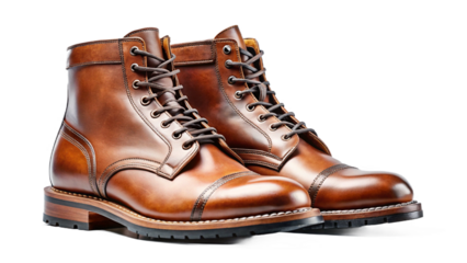 A pair of brown leather boots with laces and a dark sole sit against a black background in a studio shot created with generated ai