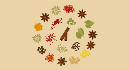 A colorful arrangement of spices and herbs laid out in a circular pattern on a beige background