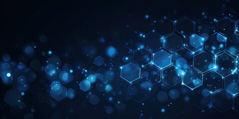 Digital illustration depicting interconnected hexagonal cells, with glowing orbs against a dark blue background