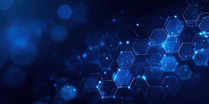 Abstract blue background with hexagonal shapes, bokeh effect, and glowing particles for a modern digital design - Powered by Adobe