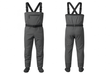 Gray waterproof fishing waders isolated on a transparent background, angling gear