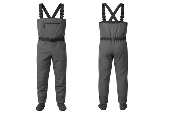 Gray waterproof fishing waders isolated on a transparent background, angling gear