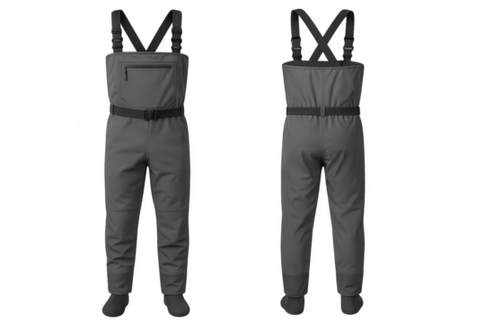 Gray waterproof fishing waders isolated on a transparent background, angling gear