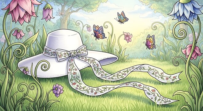 Whimsical Garden Scene with Elegant White Hat and Butterflies.