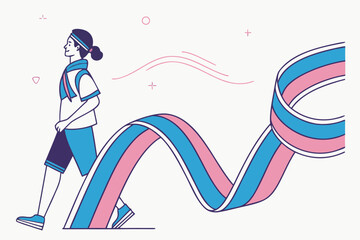 Person walking alongside transgender pride ribbon vector design