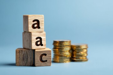 Wooden blocks spelling "aac" are stacked with coin stacks against a pastel blue background