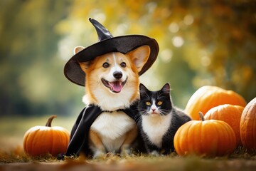 Halloween, cat and dog in witch hat sitting outside with pumpkins in background	