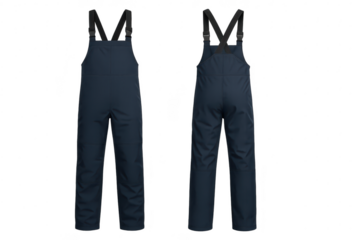 Blue insulated bib overalls isolated on transparent background, winter wear