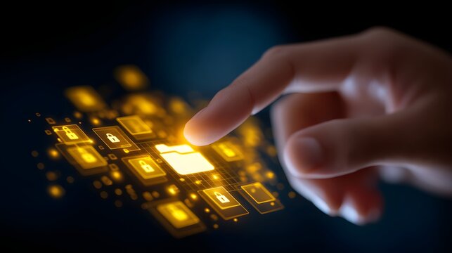 Hand touching digital yellow folder icon for data access, modern cybersecurity and cloud storage interface, futuristic information technology design