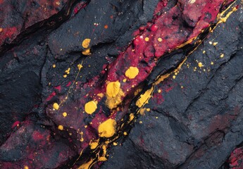 Close-up view of a textured rock face, painted in vibrant red, yellow, and black hues