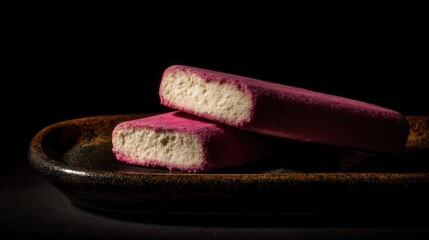 Broken Pink Tablet Showing Internal Layers on Dark Surface