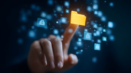 Hand touching digital yellow folder icon for data access, modern cybersecurity and cloud storage interface, futuristic information technology design