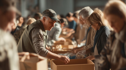 Veterans Day food drive with volunteers packing boxes, Concept of charity and giving back 