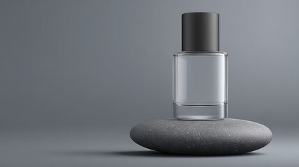 Clear Perfume Bottle on a Grey Stone in a Studio