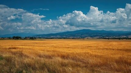A beautiful field of yellow grass stretches wide under a clear blue sky, offering a serene view of distant mountains and open landscapes.
