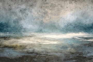 A textured, abstract landscape featuring a moody, cloudy sky above a tranquil body of water