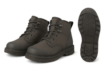 Pair of dark gray modern hiking boots, isolated on a transparent background.