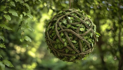 Orb of woven vines and green leaves suspended from above, set in a sun-dappled forest scene