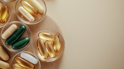 Vitamin tablets and capsules are arranged in glass bowls on a wooden board against a beige backdrop, highlighting a colorful variety for promoting healthy dietary choices