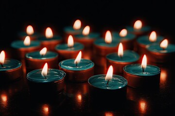 Teal and copper candle arrangement against a stark black background, creating a warm glow