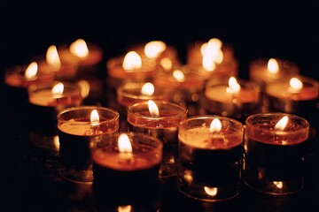 Close-up of many small, burning candles in glass containers, with dark background