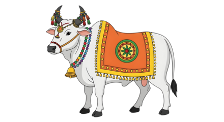 Decorated indian cow with colorful ornaments and a bell for religious festivals and cultural celebrations in india is beautifully illustrated here on transparent background