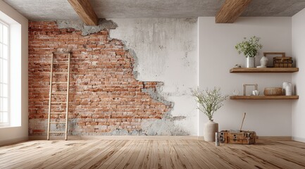 Interior room showcases exposed brick, wooden beams and shelving, with a ladder and plants