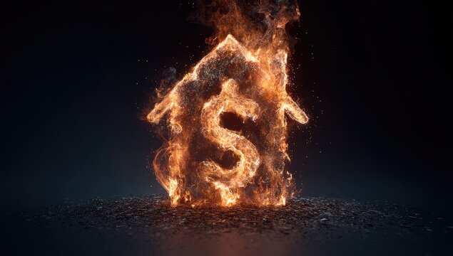 A dollar sign in house silhouette ablaze with fire on a dark ground