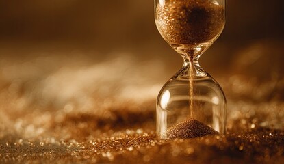 Close-up of an hourglass with golden sand flowing, surrounded by shimmering golden glitter