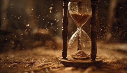 Close-up of a vintage hourglass with sand cascading, blurred background, warm tones, and a sense of time