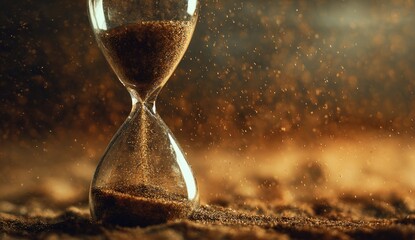 An hourglass with sand flowing, close-up, against a blurred background, suggesting the passage of time
