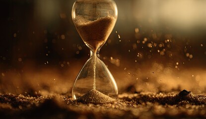 Close-up of a glass hourglass with golden sand flowing, surrounded by sand-like particles