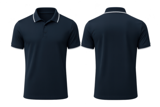 Navy blue polo shirt with white trim isolated on transparent background