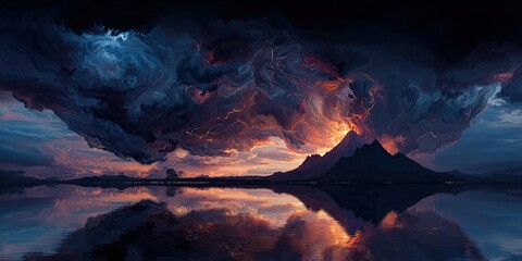 Dramatic sunset painting over a tranquil lake, reflecting a fiery sky and mountains in the distance