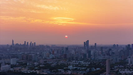 Fototapeta premium Aerial photography of city sunset glow