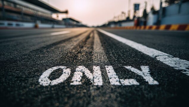 Close-up shot of a race track's start/finish line, with "ONLY" visible on the asphalt, sunset backdrop
