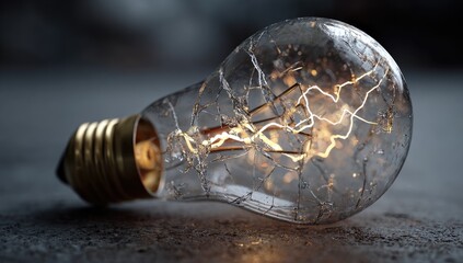 Damaged light bulb with a glowing filament, resting on a rough, gray surface
