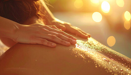 女性の手がオイルを塗るラグジュアリーなスパシーン – Female Hands Applying Oil on Woman’s Back in Luxury Spa Setting
