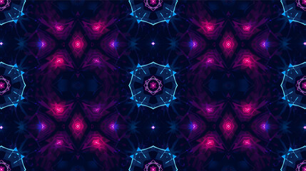 Abstract symmetrical pattern with glowing blue, purple, and pink fractal-like shapes on a dark background, creating a futuristic kaleidoscopic design.