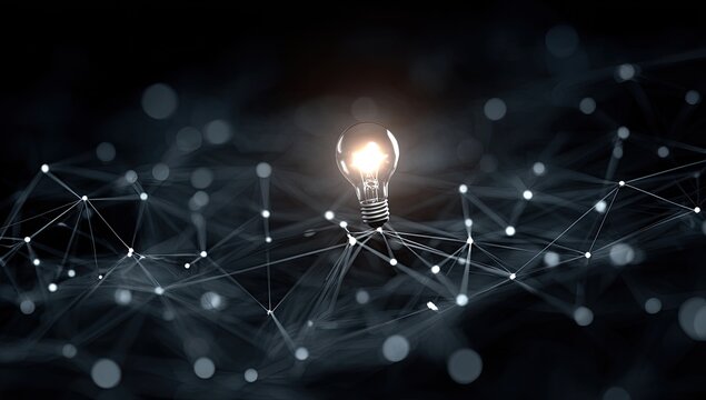 A glowing light bulb floats above a web-like network, suggesting ideas and concepts