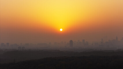 Aerial photography of the city silhouette at sunset