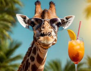 Portrait of giraffe in sunglasses with cocktail, portrait of a giraffe, giraffe close up