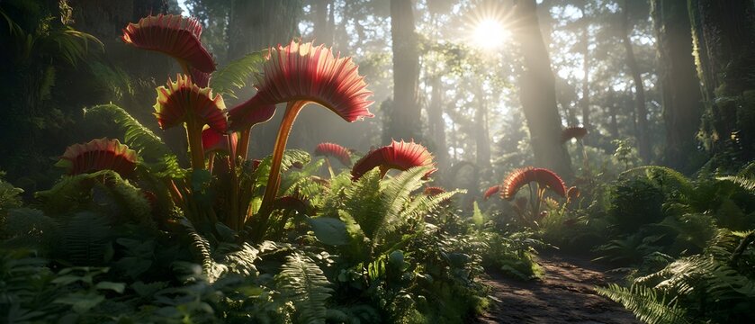 Ethereal forest with carnivorous plants on a sunlit path and lush ferns.